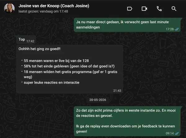 WhatsApp message from Josine about results