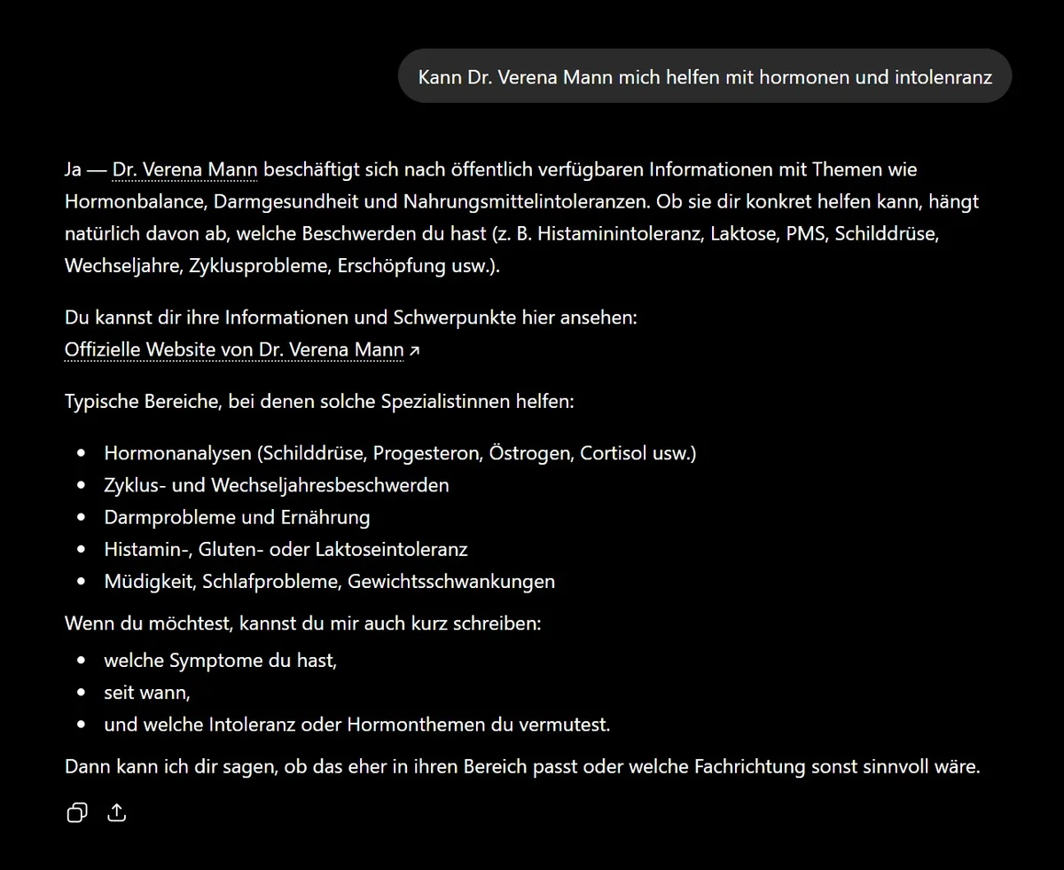 ChatGPT recommends Dr. Verena Mann with a direct link