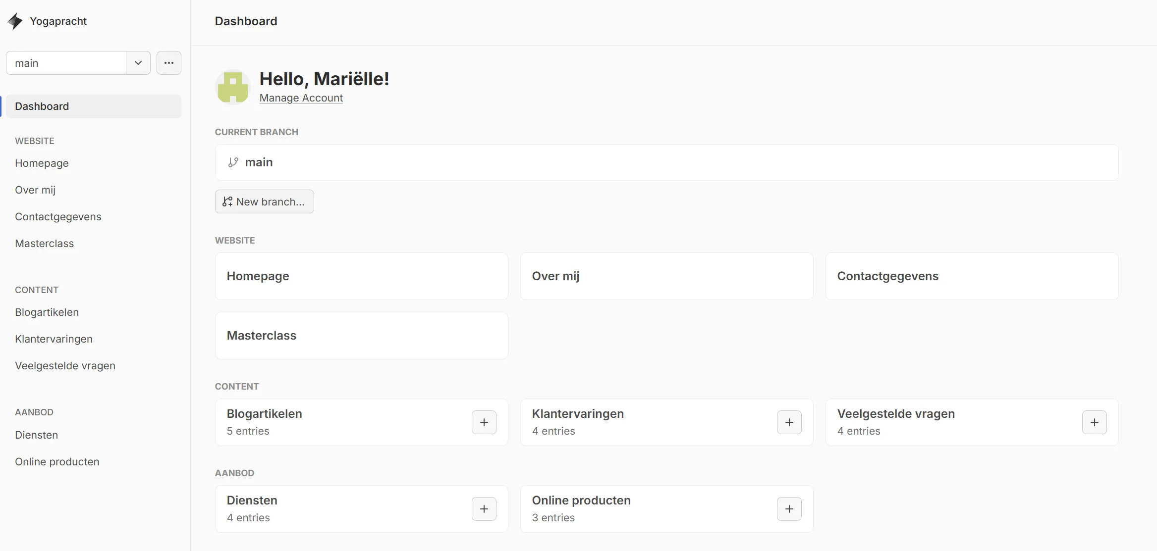 Beheerpaneel met overzicht van alle pagina's, blogs, diensten en producten