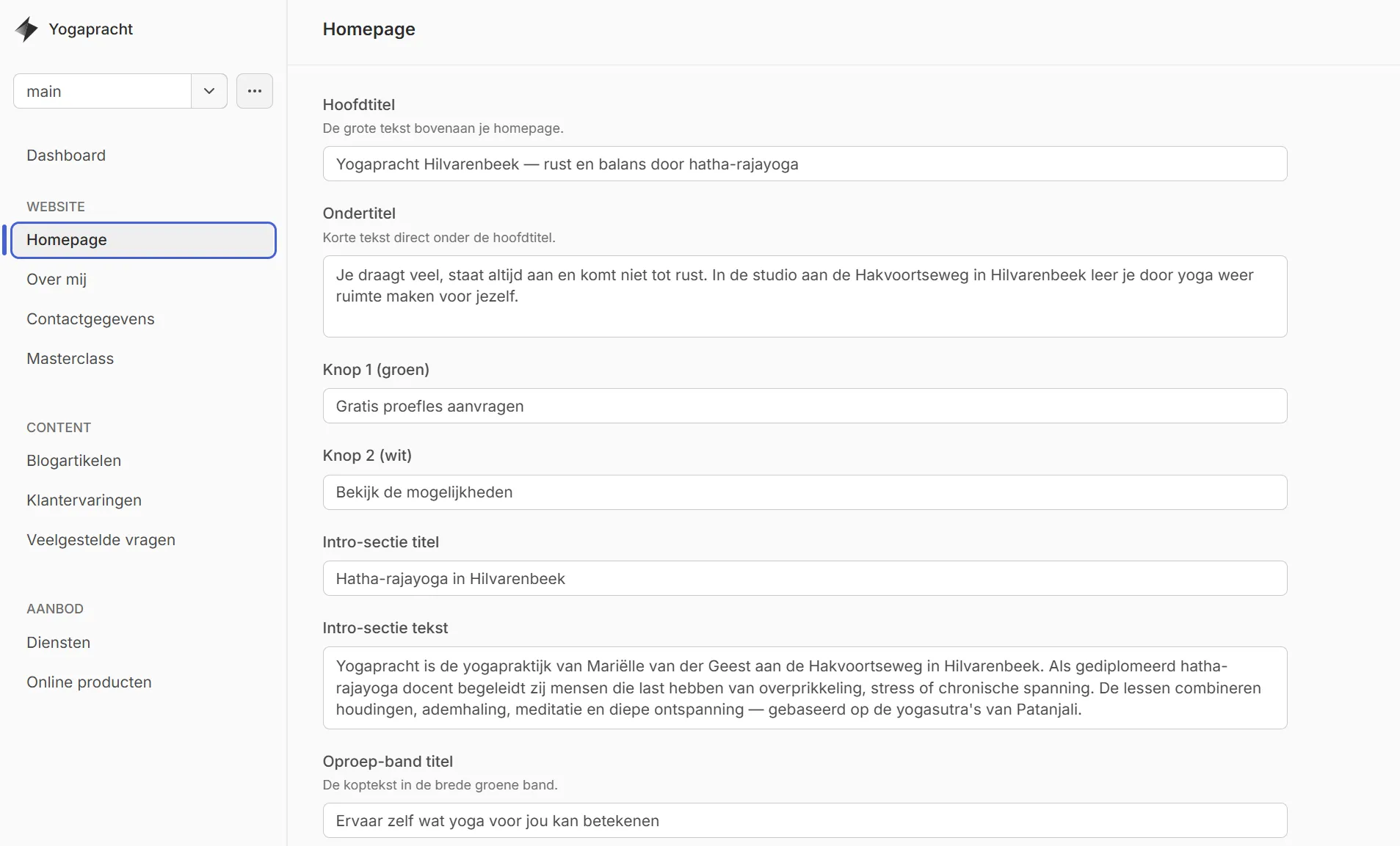 Homepage teksten aanpassen via eenvoudige invoervelden