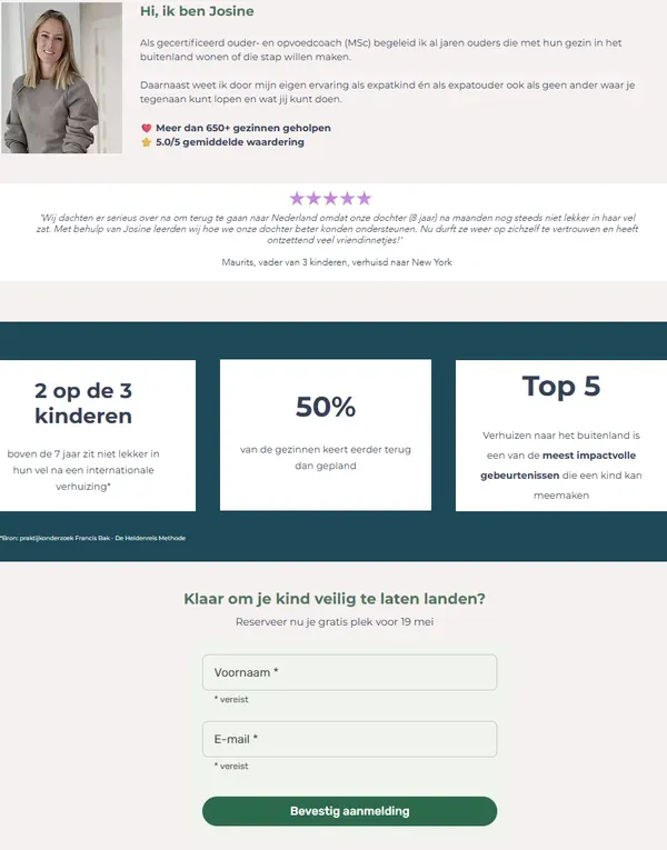 Coach Josine — 600× guide sold and 80 masterclass signups in 4 months — masterclass coachjosine lander proof