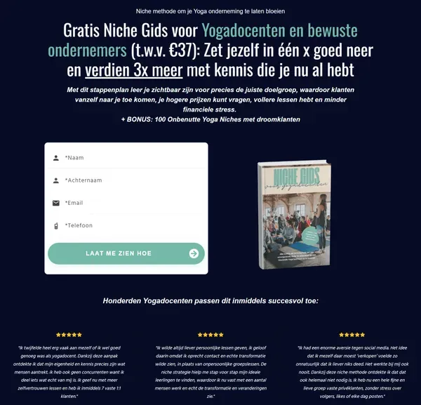Happy With Yoga — Van yogablog naar platform met 2.000 betalende leden — nicheguide lander happywithyoga funnel proof